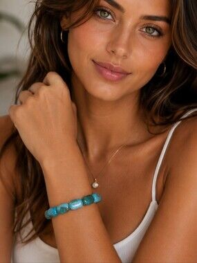 Blue Aqua Crackle Glass Bead Stretch Bracelet Boho Coastal Statement Jewelry
